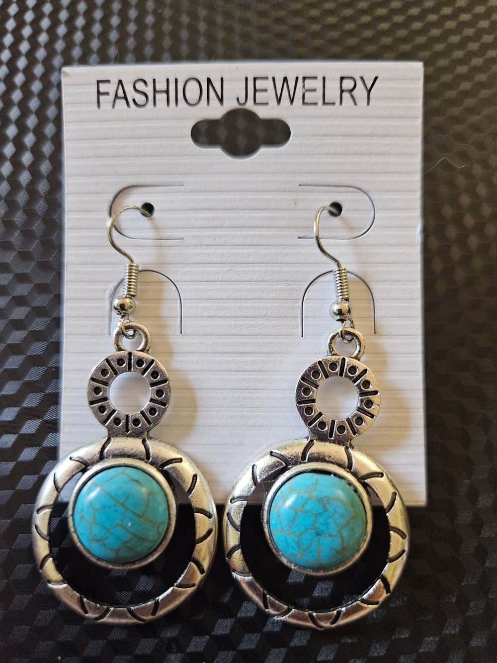 Fashion Jewelry Turquoise and Black Dangle Earrings - Silver Tone